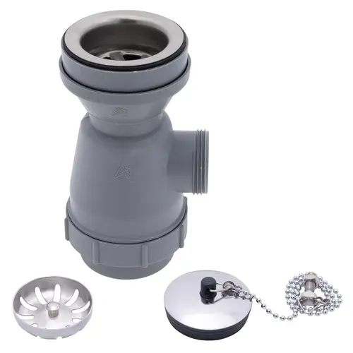 2" Drain, Trap Sink Drain, 1-1/4"-M Thread, w/Strainer, w/Chain Stopper Brushed Finish 2" Drain, Trap Sink Drain, 1-1/4"-M Thread, w/Strainer, w/Chain Stopper Brushed Finish