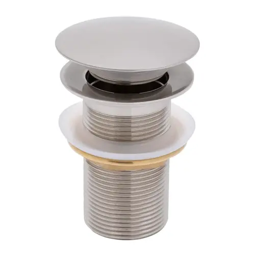 1-3/4" Drain, Touch Drain with Cover no Overflow, Straight, 1-1/4"-M Thread Brushed Nickel 1-3/4" Drain, Touch Drain with Cover no Overflow, Straight, 1-1/4"-M Thread Brushed Nickel