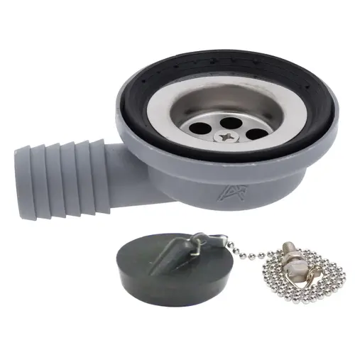 1-1/2" Drain, 95 Degree Drain, Low Profile, 1" Hose Barb, w/Chain Stopper Ultra-Mirror Finish 1-1/2" Drain, 95 Degree Drain, Low Profile, 1" Hose Barb, w/Chain Stopper Ultra-Mirror Finish