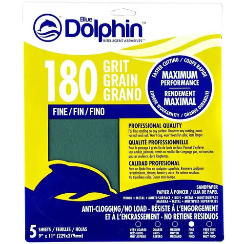 Pro Grade Sandpaper Sheets, 180 Grit, 5-Pack Green Pro Grade Sandpaper Sheets, 180 Grit, 5-Pack Green