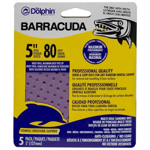 Barracuda 5" Pro Quality Sanding Discs, 80 Grit, 5-Pack Purple Barracuda 5" Pro Quality Sanding Discs, 80 Grit, 5-Pack Purple