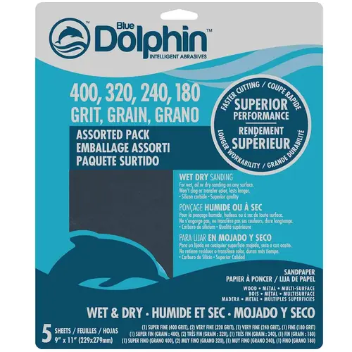 Wet/Dry Sandpaper Sheets, Assorted Grit, 5-Pack Gray Wet/Dry Sandpaper Sheets, Assorted Grit, 5-Pack Gray
