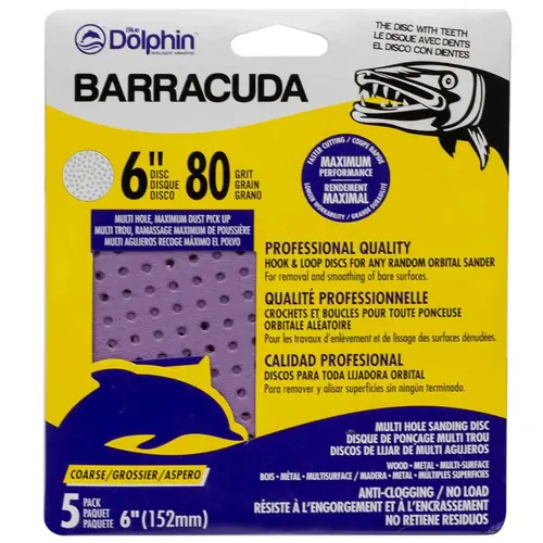 Barracuda 6" Pro Quality Sanding Discs, 80 Grit, 5-Pack Purple Barracuda 6" Pro Quality Sanding Discs, 80 Grit, 5-Pack Purple