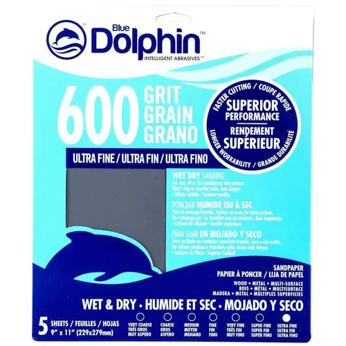 Wet/Dry Sandpaper Sheets, 600 Grit, 5-Pack Gray Wet/Dry Sandpaper Sheets, 600 Grit, 5-Pack Gray
