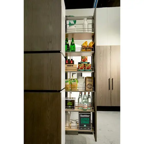 Kessebohmer Dispensa Arena Classic Chrome/Maple 31-1/2" to 41-1/4" T 4-Shelf Pull Out Pantry with Soft-Close/Soft-Open Slides Kessebohmer Dispensa Arena Classic Chrome/Maple 31-1/2" to 41-1/4" T 4-Shelf Pull Out Pantry with Soft-Close/Soft-Open Slides