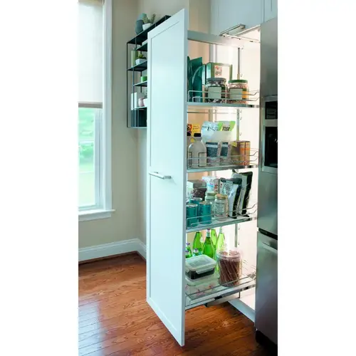 Kessebohmer Dispensa Arena Classic Chrome/White 31-1/2" to 41-1/4" T 4-Shelf Pull Out Pantry with Soft-Close/Soft-Open Slides Kessebohmer Dispensa Arena Classic Chrome/White 31-1/2" to 41-1/4" T 4-Shelf Pull Out Pantry with Soft-Close/Soft-Open Slides