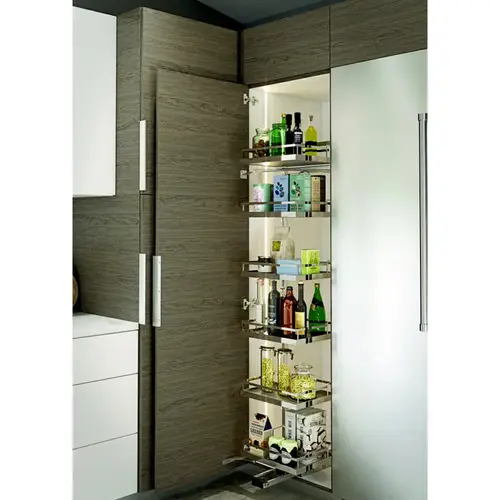 Kessebohmer Tandem Solo Chrome/Maple 71"T 6-Shelf Pull Out Pantry with Soft-Close/Soft-Open Slides Kessebohmer Tandem Solo Chrome/Maple 71"T 6-Shelf Pull Out Pantry with Soft-Close/Soft-Open Slides