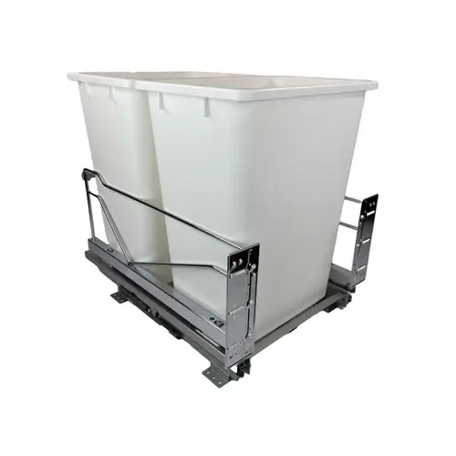 Kessebohmer 15-1/4" Chrome Bottom Mount Waste Pullout with 2-52 Quart White Bins Self-Open/Soft-Close Kessebohmer 15-1/4" Chrome Bottom Mount Waste Pullout with 2-52 Quart White Bins Self-Open/Soft-Close