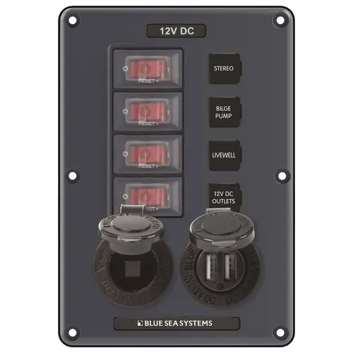 Water-Resistant Circuit Breaker Switch Panel, 4 pos. + 12 Volt Socket & Dual USB Charger Water-Resistant Circuit Breaker Switch Panel, 4 pos. + 12 Volt Socket & Dual USB Charger