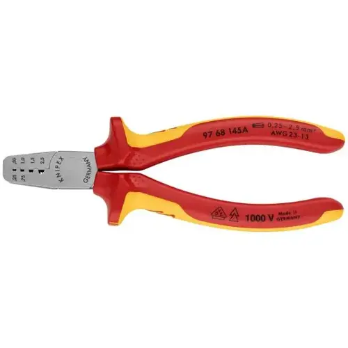 Crimping Pliers-Wire Ferrules-1000V, 5.75", Comfort Grip,Trapezoid, 4 Crimp Pos Crimping Pliers-Wire Ferrules-1000V, 5.75", Comfort Grip,Trapezoid, 4 Crimp Pos