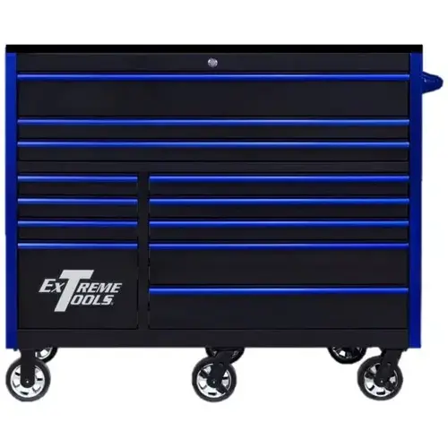RX Series 55x25 12-Drawer Roll Cab 150 lb Slides Black w Blue Trim RX Series 55x25 12-Drawer Roll Cab 150 lb Slides Black w Blue Trim