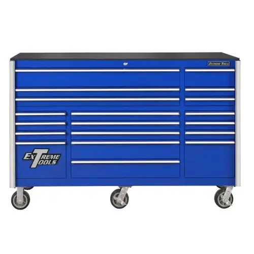 RX Series 55x25 12-Drawer Roll Cab 150 lb Slides Blue w Chrome Trim RX Series 55x25 12-Drawer Roll Cab 150 lb Slides Blue w Chrome Trim