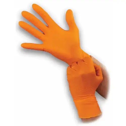Super tough orange 8mil powder free nitrile disposable gloves with aggressive di Super tough orange 8mil powder free nitrile disposable gloves with aggressive di