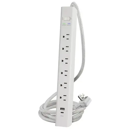 Surge Protector Power Strip, 1500J, 6 AC, USB-A, USB-C, 6 ft, White Surge Protector Power Strip, 1500J, 6 AC, USB-A, USB-C, 6 ft, White