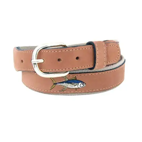 Men's Yellow Fin Tuna Embroidered Belt, Tan, 32 Beige Men's Yellow Fin Tuna Embroidered Belt, Tan, 32 Beige