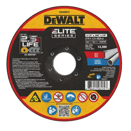 DEWALT Elite Series 4-1/2" x .045" Ceramic Abrasive Chop/Cut-Off Blade with 7/8"Arbor For Stainless & Mild Steel Cutting DEWALT Elite Series 4-1/2" x .045" Ceramic Abrasive Chop/Cut-Off Blade with 7/8"Arbor For Stainless & Mild Steel Cutting