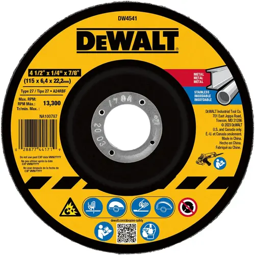 DEWALT 4-1/2 x 1/4" x 7/8" Metal & Stainless Grinding Wheel DEWALT 4-1/2 x 1/4" x 7/8" Metal & Stainless Grinding Wheel