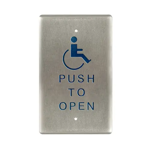 Single Gang Push Plate Actuator with Push to Open Text and Handicap Logo Satin Stainless Steel Finish Single Gang Push Plate Actuator with Push to Open Text and Handicap Logo Satin Stainless Steel Finish