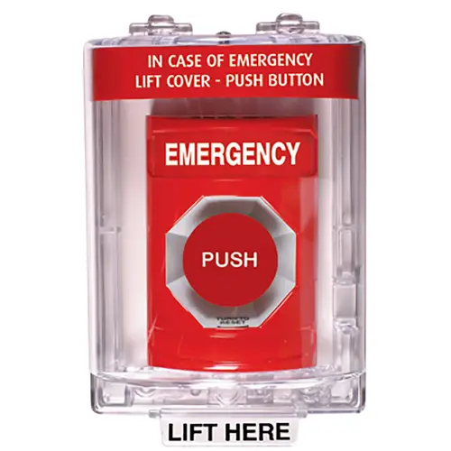 Stopper Station, Red, Flush Cover, Universal Stopper, Horn, Turn-to-Reset, "EMERGENCY"English