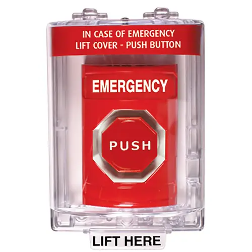 Stopper Station, Red, Flush Cover, Universal Stopper, Horn, Momentary, Illuminated, "EMERGENCY"English