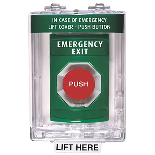 Stopper Station, Green, Flush Cover, Universal Stopper, Label Shell, Turn-to-Reset, "EMERGENCY EXIT"English Stopper Station, Green, Flush Cover, Universal Stopper, Label Shell, Turn-to-Reset, "EMERGENCY EXIT"English