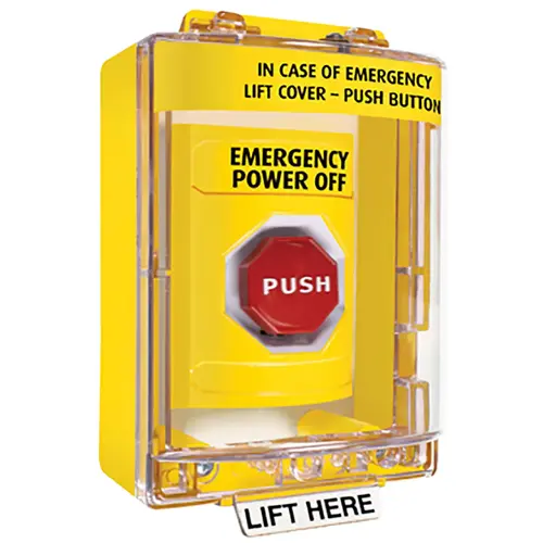 Stopper Station, Yellow, Surface Cover, Universal Stopper, Horn, Momentary, Illuminated, "EMERGENCY POWER SHUT OFF"English Stopper Station, Yellow, Surface Cover, Universal Stopper, Horn, Momentary, Illuminated, "EMERGENCY POWER SHUT OFF"English