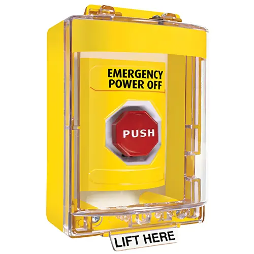 Stopper Station, Yellow, Surface Cover, Universal Stopper, Horn, Key-to-Reset, Illuminated, "EMERGENCY POWER SHUT OFF"English Stopper Station, Yellow, Surface Cover, Universal Stopper, Horn, Key-to-Reset, Illuminated, "EMERGENCY POWER SHUT OFF"English