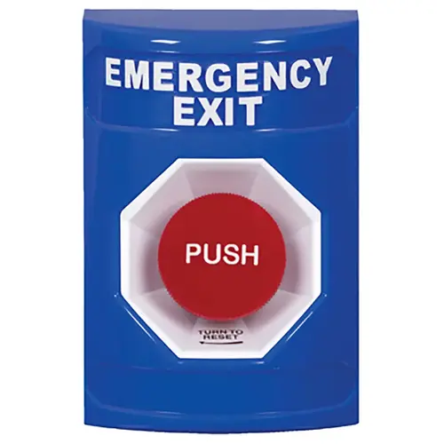 Stopper Station, Blue, No Cover, Turn-to-Reset, "EMERGENCY EXIT"English