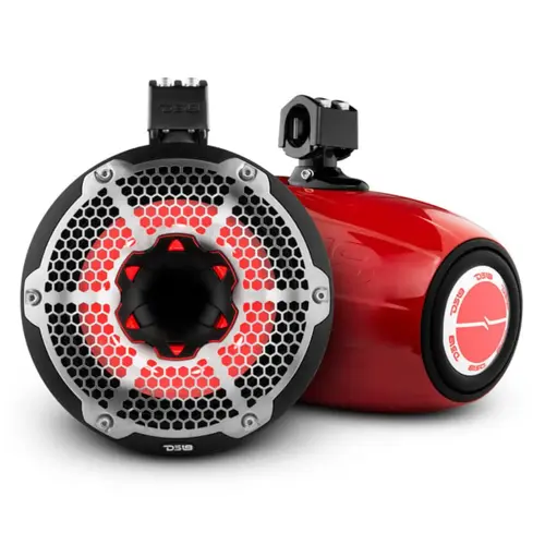 HYDRO 10" Neodymium Marine Tower Speakers with Built-in Passive Radiator, 1" Driver and RGB LED Light, 900 Watts, Red HYDRO 10" Neodymium Marine Tower Speakers with Built-in Passive Radiator, 1" Driver and RGB LED Light, 900 Watts, Red