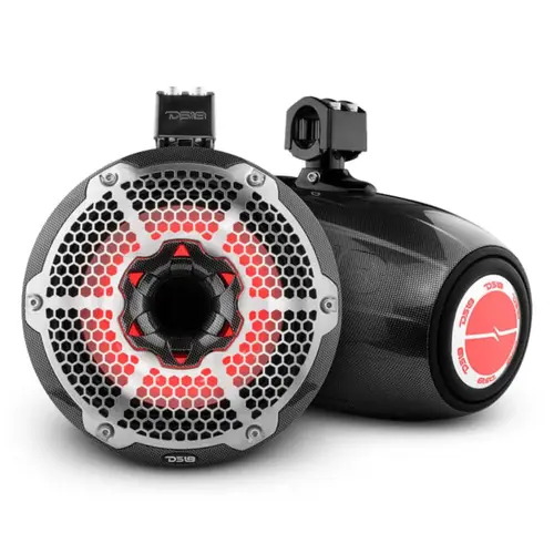 HYDRO 10" Neodymium Marine Towers with Built-in Passive Radiator, 1" Driver and RGB LED Light, 900 Watts, Black Carbon Fiber HYDRO 10" Neodymium Marine Towers with Built-in Passive Radiator, 1" Driver and RGB LED Light, 900 Watts, Black Carbon Fiber