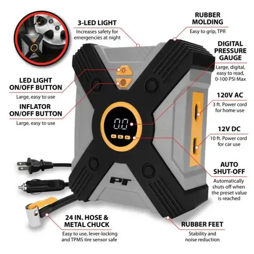 AC/DC Powered Tire Inflator with Auto Shut-Off and Digital Gauge AC/DC Powered Tire Inflator with Auto Shut-Off and Digital Gauge