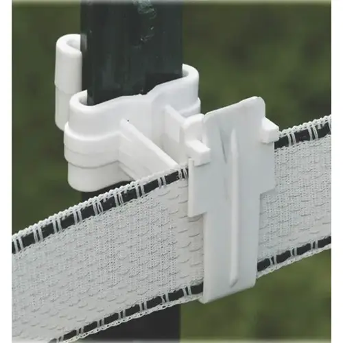 White Poly Tape T-Post Insulator, 2 Inch Tape, 1.25-1.33 T-Posts White Poly Tape T-Post Insulator, 2 Inch Tape, 1.25-1.33 T-Posts