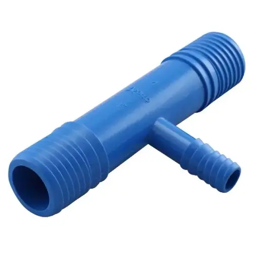 Polypropylene Insert Tee Fitting, 1" Barb x 1" Barb x 3/8" Funny Pipe Polypropylene Insert Tee Fitting, 1" Barb x 1" Barb x 3/8" Funny Pipe