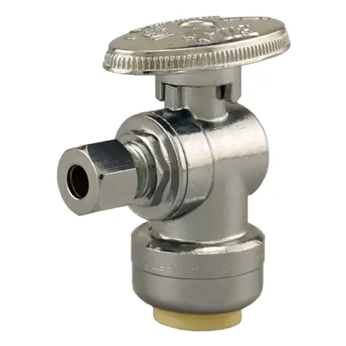 Angle Stop Valve, 1/2" Push-Fit x 1/4" Compression, 1/4-Turn, Chrome-Plated Angle Stop Valve, 1/2" Push-Fit x 1/4" Compression, 1/4-Turn, Chrome-Plated