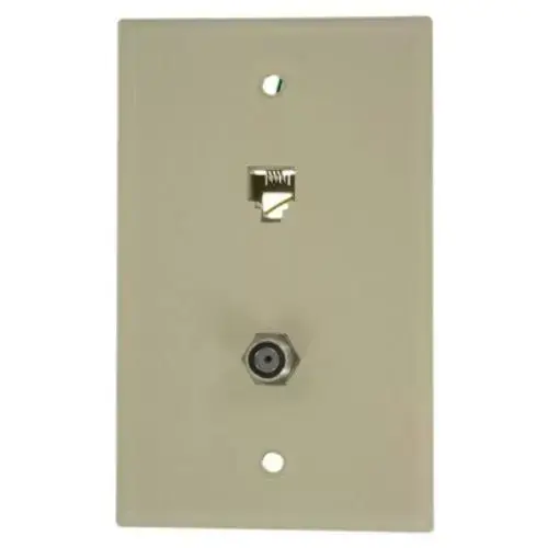 Combination Telephone and Coaxial Wall Jack, 6P4C, F-Type, Ivory Combination Telephone and Coaxial Wall Jack, 6P4C, F-Type, Ivory