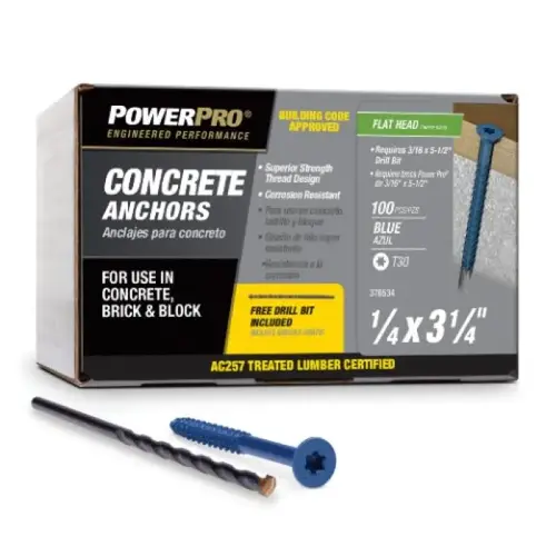 Flat Head Concrete Screw Anchor, Power Pro, 1/4" x 3-1/4", Box of 100 Flat Head Concrete Screw Anchor, Power Pro, 1/4" x 3-1/4", Box of 100