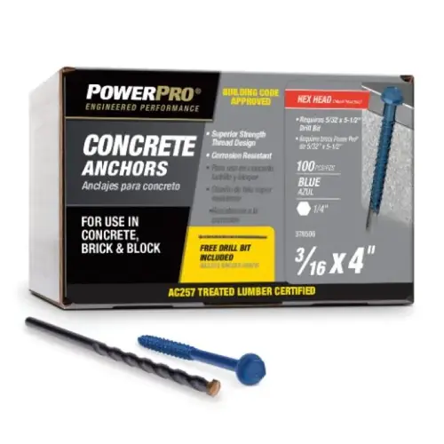 Power Pro Blue Hex Washer Head Concrete Screw, 3/16" x 4", Blue Power Pro Blue Hex Washer Head Concrete Screw, 3/16" x 4", Blue