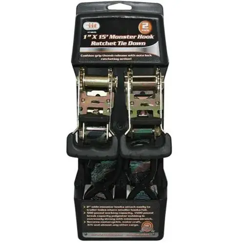 Ratchet Tie Down Strap, 1 in x 15 ft, Pack of 2 Ratchet Tie Down Strap, 1 in x 15 ft, Pack of 2