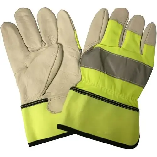 Cowhide Leather Palm High-Visibility Fleece-Lined Work Gloves, Large Cowhide Leather Palm High-Visibility Fleece-Lined Work Gloves, Large