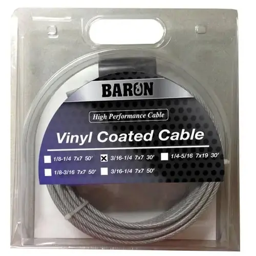Vinyl-Coated Wire Rope, 3/16" Bare / 1/4" Coated, 25 ft, 840 lb WLL Vinyl-Coated Wire Rope, 3/16" Bare / 1/4" Coated, 25 ft, 840 lb WLL