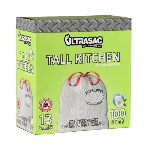 Tall Kitchen Trash Bags, 13 Gallon, White, Drawstring, Pack of 100 Tall Kitchen Trash Bags, 13 Gallon, White, Drawstring, Pack of 100
