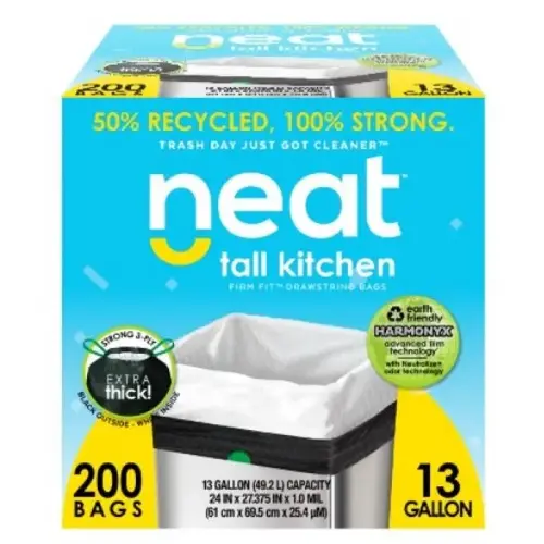 Neat Tall Kitchen Drawstring Trash Bags, 13 Gallon, Reversible Black/White, Pack of 200 Neat Tall Kitchen Drawstring Trash Bags, 13 Gallon, Reversible Black/White, Pack of 200
