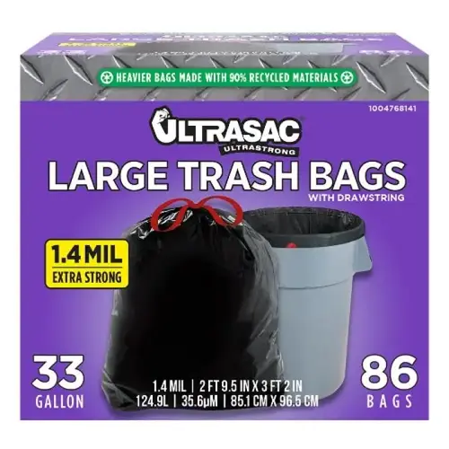 Heavy Duty Drawstring Trash Bag, Ultrasac, 33 Gallon, 1.4 mil, Black, Pack of 86 Heavy Duty Drawstring Trash Bag, Ultrasac, 33 Gallon, 1.4 mil, Black, Pack of 86