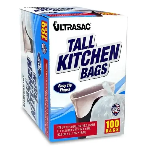 Ultrasac 13 Gallon Tall Kitchen Trash Bags, Flap Tie, Pack of 100 Ultrasac 13 Gallon Tall Kitchen Trash Bags, Flap Tie, Pack of 100