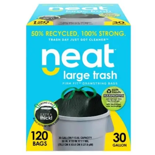 NEAT Tall Kitchen Drawstring Trash Bags, 30 Gallon, Black, Pack of 120 NEAT Tall Kitchen Drawstring Trash Bags, 30 Gallon, Black, Pack of 120