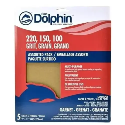 Natural Garnet Sandpaper, Assorted Grit, 9" x 11", Pack of 5 Natural Garnet Sandpaper, Assorted Grit, 9" x 11", Pack of 5