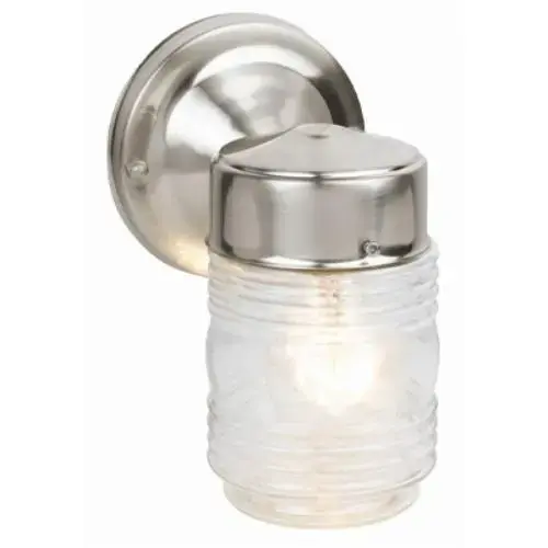 Jelly Jar Outdoor Wall Sconce, Satin Nickel, Clear Glass, 7.5" H, Wet Rated Jelly Jar Outdoor Wall Sconce, Satin Nickel, Clear Glass, 7.5" H, Wet Rated