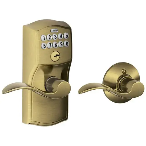 Camelot with Accent Lever Keyed Entry Auto Lock Electronic Keypad with 16211 Latch and 10063 Strike Antique Brass Finish Camelot with Accent Lever Keyed Entry Auto Lock Electronic Keypad with 16211 Latch and 10063 Strike Antique Brass Finish