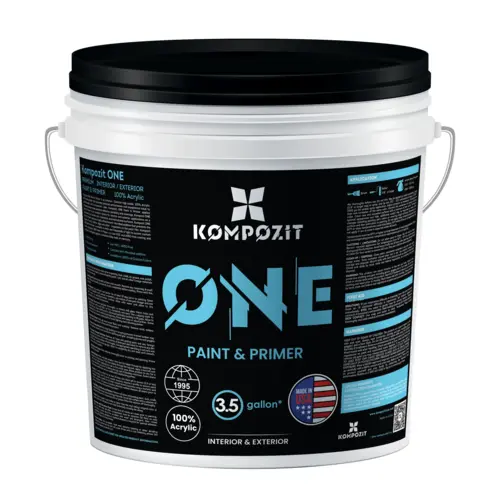 ONE Paint And Primer 100% Acrylic White, Interior And Exterior Surfaces, 3.5 Gallon Size, Satin Finish ONE Paint And Primer 100% Acrylic White, Interior And Exterior Surfaces, 3.5 Gallon Size, Satin Finish