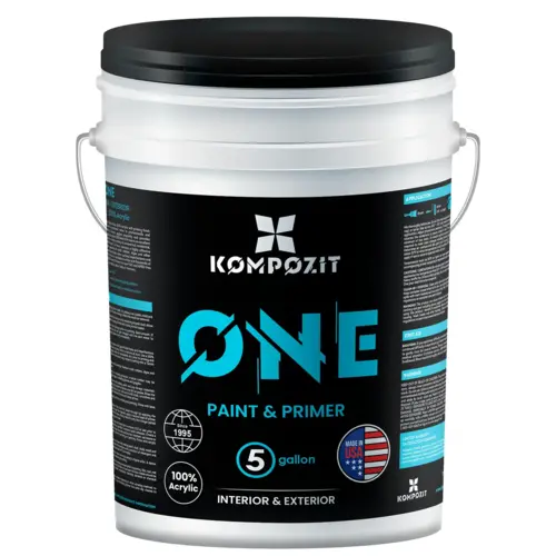ONE Paint And Primer 100% Acrylic White, Interior And Exterior Surfaces, 5 Gallon Size, Satin Finish ONE Paint And Primer 100% Acrylic White, Interior And Exterior Surfaces, 5 Gallon Size, Satin Finish